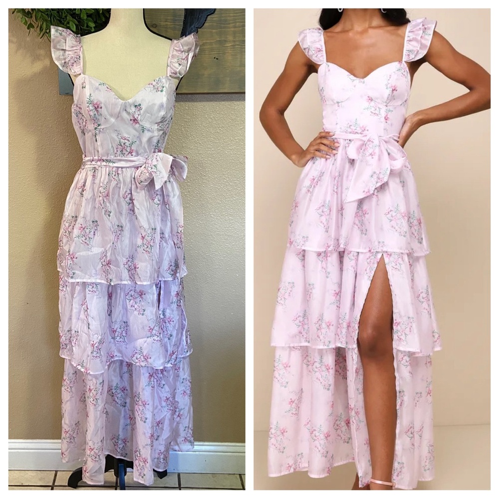 NWOT Lulus Sweetest Emotion Lilac Floral Ruffled Tiered Bustier Midi Dress